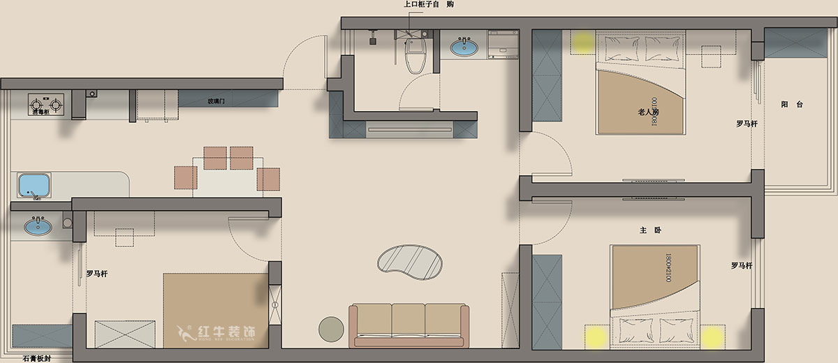 蒋琛｜金舟花园4-3-806-100㎡-现代简约风格｜3室2厅1卫｜老房装修｜定制家｜全包12万｜00_04平面彩图